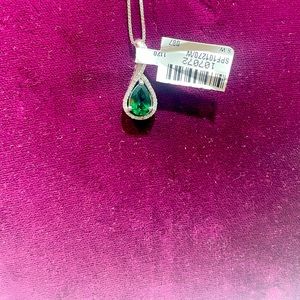 Sterling Silver lab created Emerald pear shaped slide 1/8CT diamonds